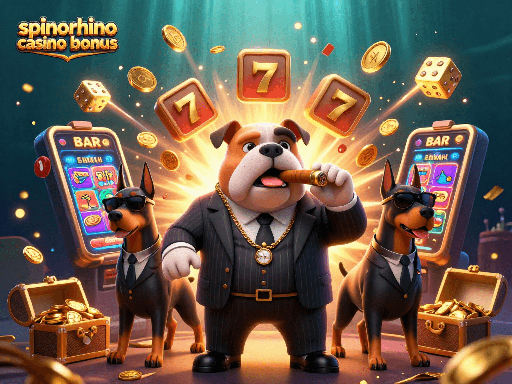 Beleef de spanning van de spinorhino casino bonus met deze gedetailleerde 3D illustratie vol acties en casinospel elementen.