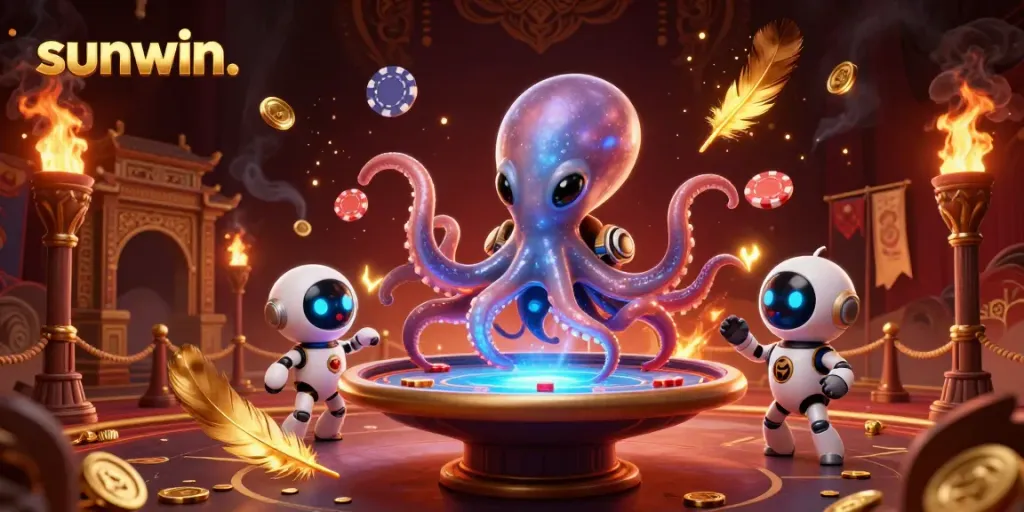Experience thrilling gameplay with sunwin. illustrated by an alien octopus at a holographic poker table amid spectacular casino elements.