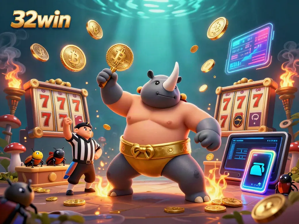Experience thrilling gaming with 32win as a sumo beetle champions while coins fly around an exciting casino scene.