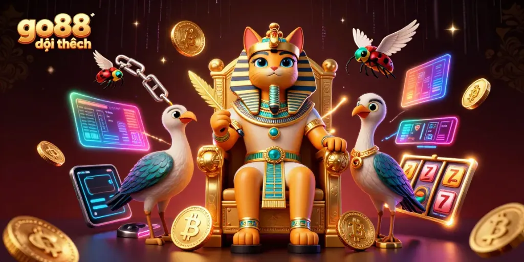 Experience the thrill of go88 đổi thưởng with an energetic scene featuring a pharaoh cat and gaming elements.