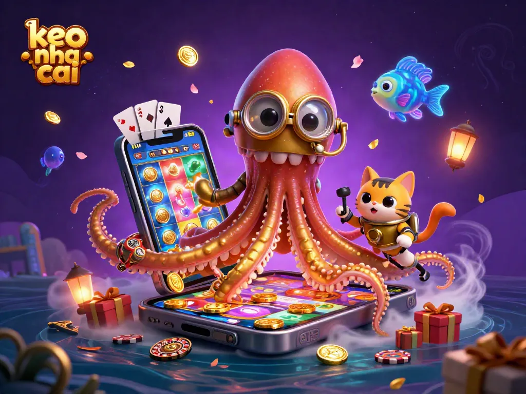 Experience keo nha cai excitement with a 3D kraken and diving cat illustrating vibrant gambling elements.