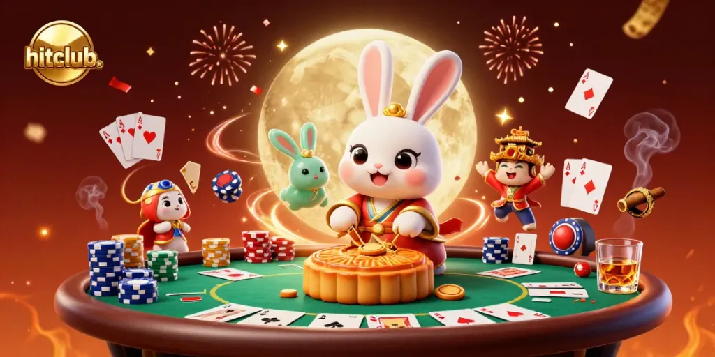 Celebrate big wins at hitclub. with a festive moon rabbit and poker chips, illuminating the excitement of gaming.