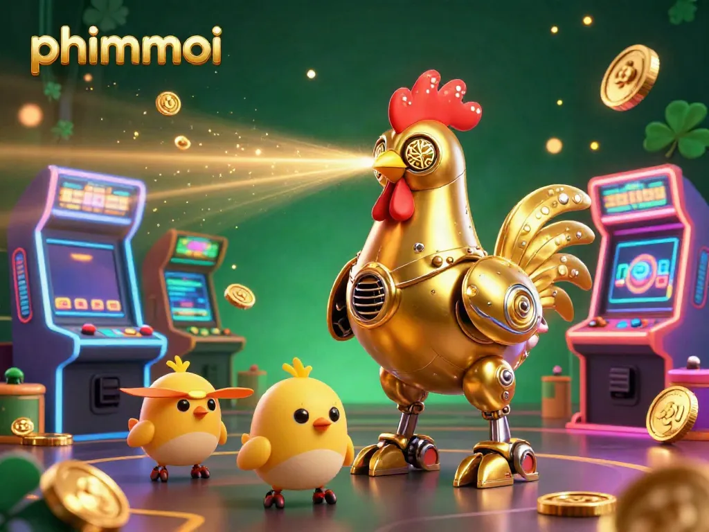 Engage with phimmoi's casino-themed adventure featuring a golden rooster robot and interactive game elements.