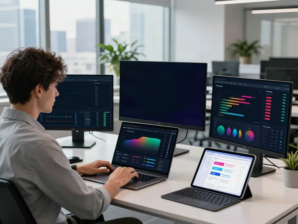 Data analyst using an AI rank tracker in a dynamic tech workspace.