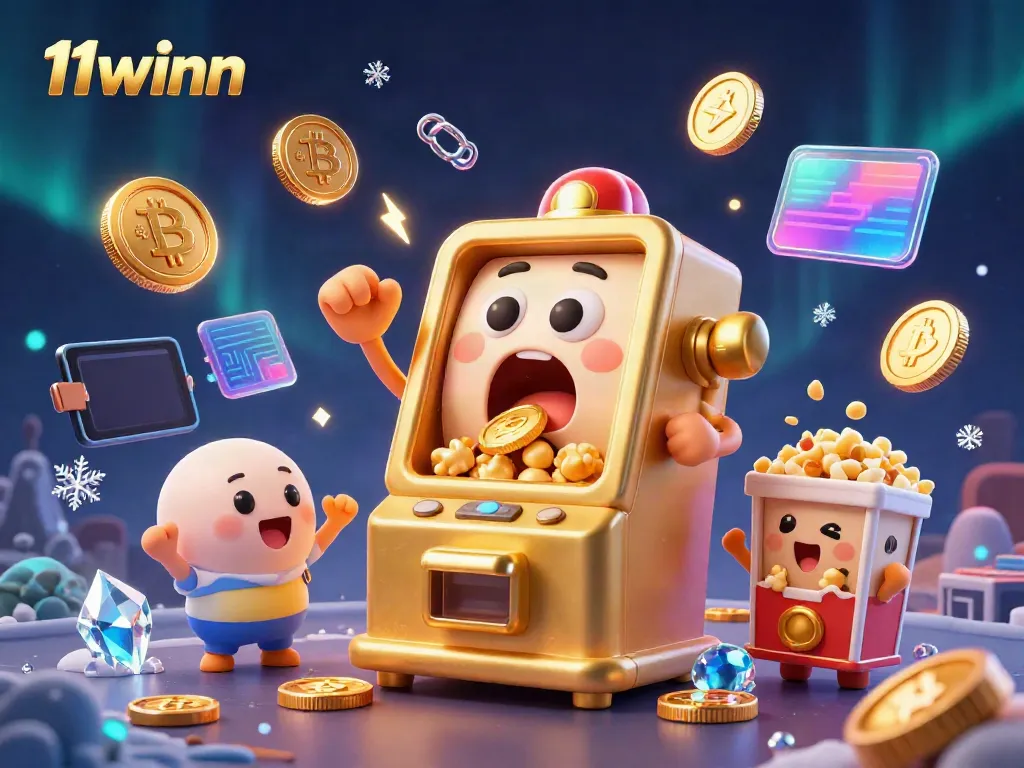 11winn's lively 3D slot machine celebrating a jackpot, surrounded by animated crypto elements, vibrant colors, and casino excitement.