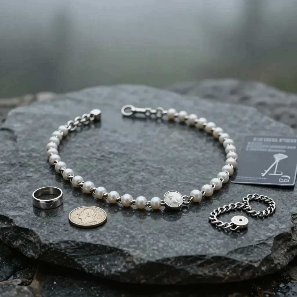 Zilveren ketting, ring, munt en armband op donkere stenen sokkel in koele ochtendlucht.