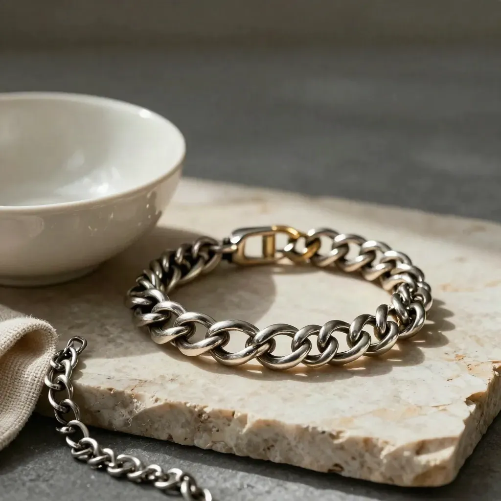Brede zilveren schakelarmband naast keramisch schaaltje en linnen op warme steen.