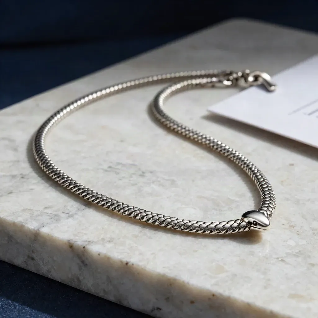 Slangenketting van zilver op travertin, met diepe schaduw en blauwe glans.