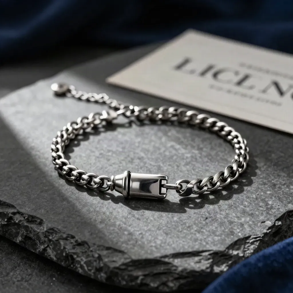 Zilveren armband met slot rond een donkere boog, met losse schakel ernaast in zacht licht.