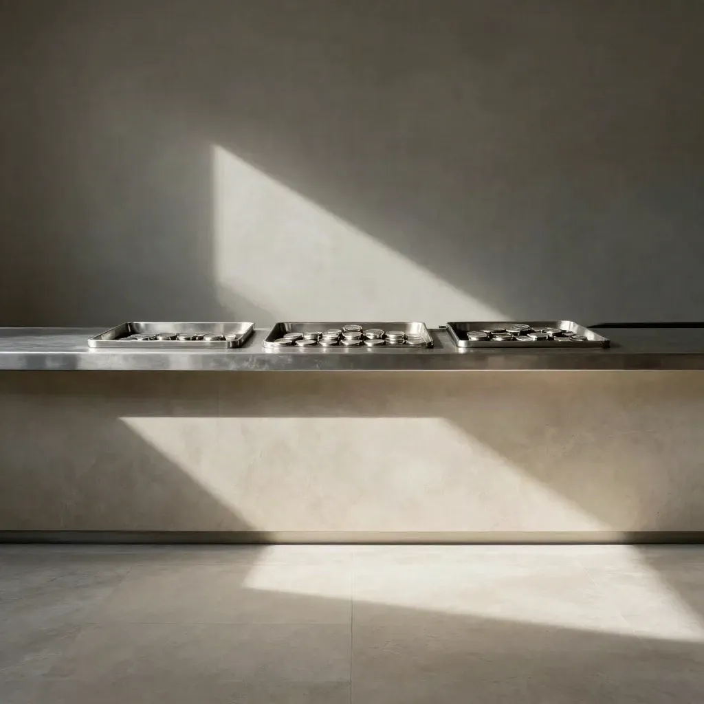 Grafietkleurig interieur met zilverbaren op een metalen counter en licht van bovenin.