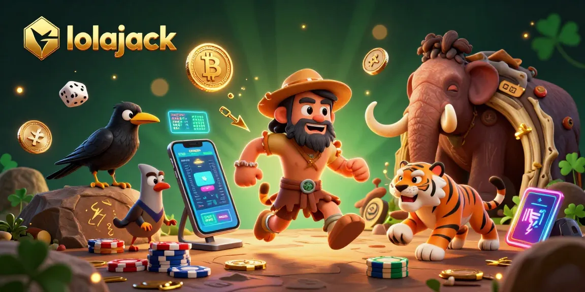Experience the thrill of gaming at lolajack with a vibrant prehistoric casino scene featuring wild characters and crypto elements.