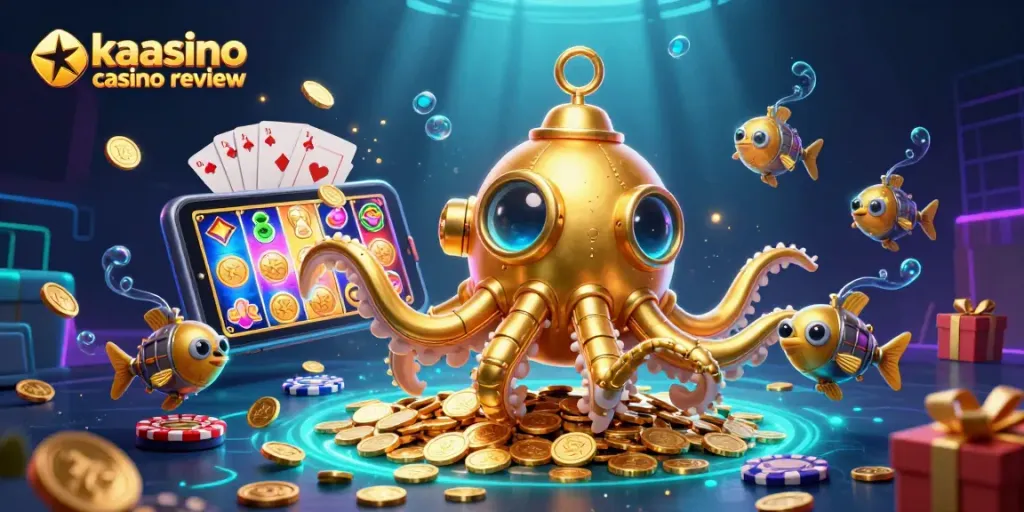 Engaging scene from kaasino casino review featuring a golden kraken submarine exploring treasure.