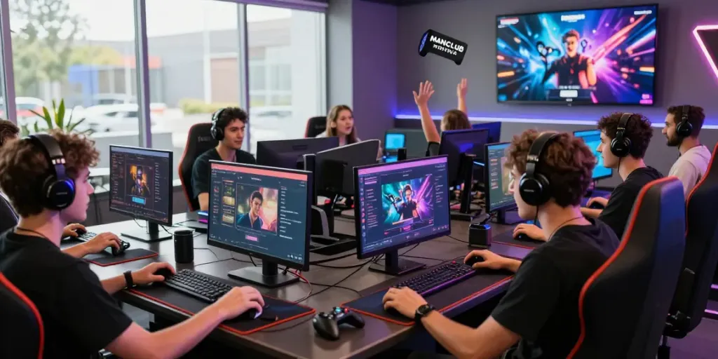 The dynamic gaming atmosphere at MANCLUB showcases diverse players engaging with the platform at https://manclub1.jp.net/ in a vibrant lounge.