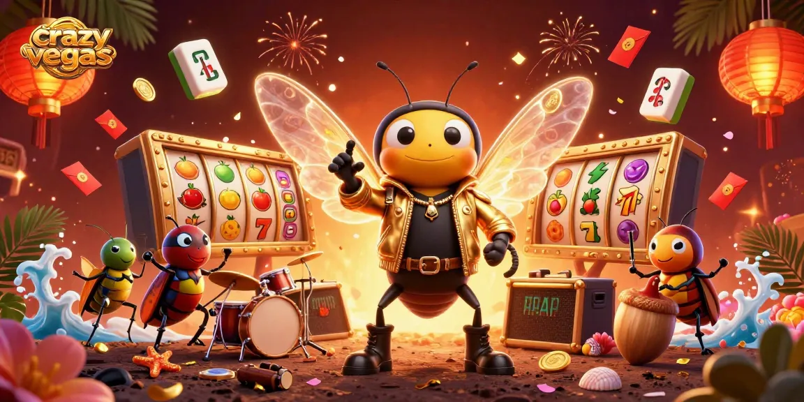 Experience thrilling gameplay with crazyvegas, showcasing vibrant slots amidst dynamic characters and festive elements.
