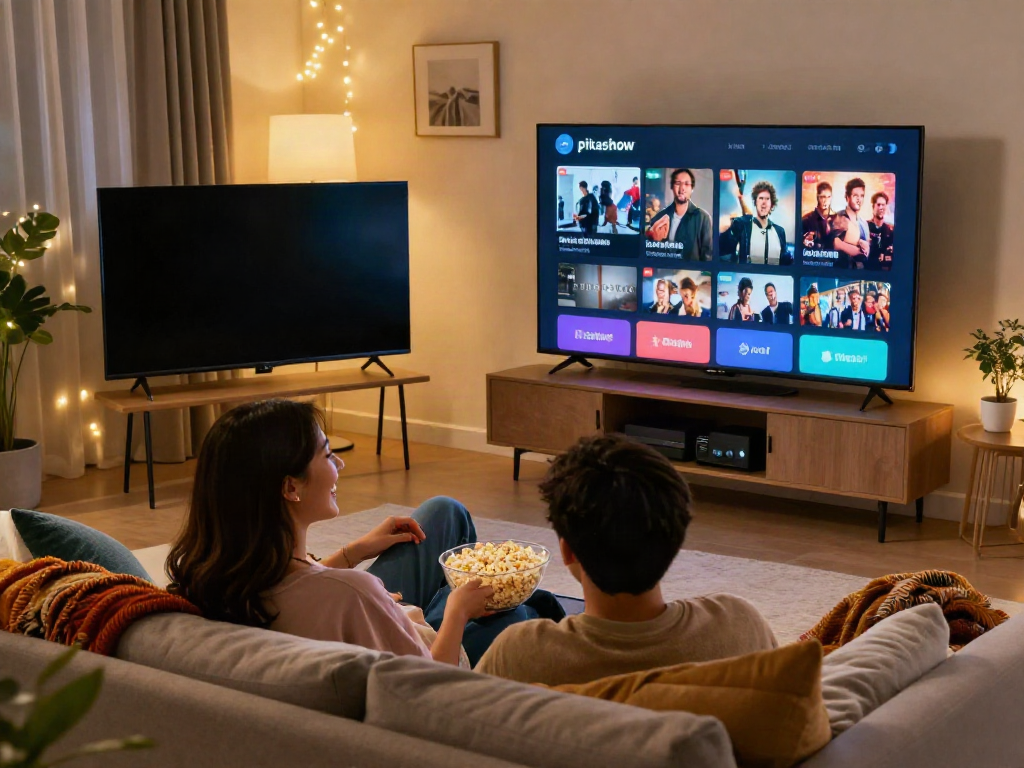 Pikashow Latest Version enhances movie nights with a couple streaming films on a cozy couch, showcasing a vibrant home atmosphere.