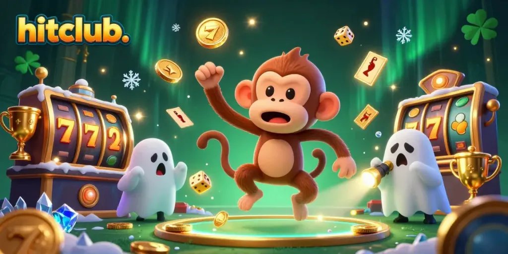 Experience the thrills at hitclub. with a mischievous monkey juggling golden symbols in a haunted casino setting.