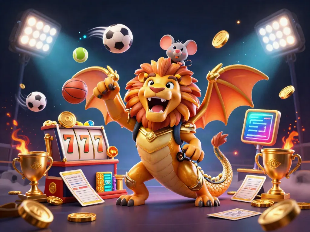 Experience thrilling slot action with golden chimera and sports elements in vibrant 3D illustration.