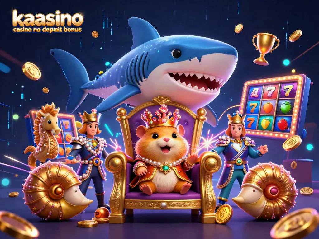 Kaasino casino no deposit bonus illustrated with a hamster king on a throne, slot reels, and vibrant casino elements.