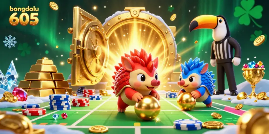 Experience the fun with bongdalu 605, as rival pangolins roll golden balls and play in a dynamic casino scene.