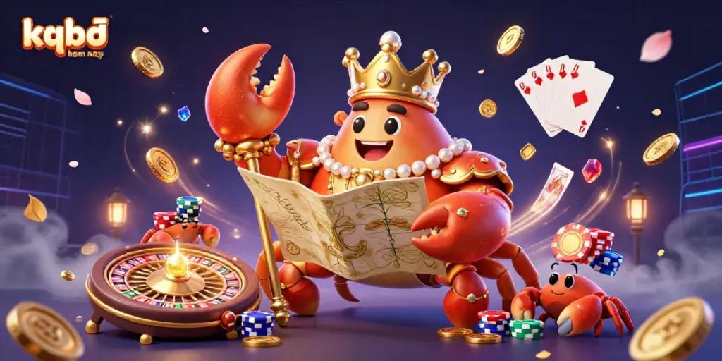 Experience kqbđ hom nay with the golden crab emperor amidst a vibrant casino scene filled with dynamic game elements.