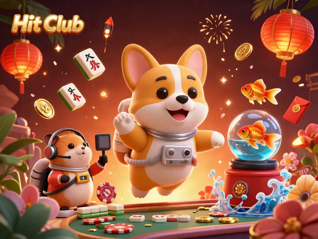 Hit Club gaming scene with an astronaut corgi, floating coins, and vibrant casino elements.
