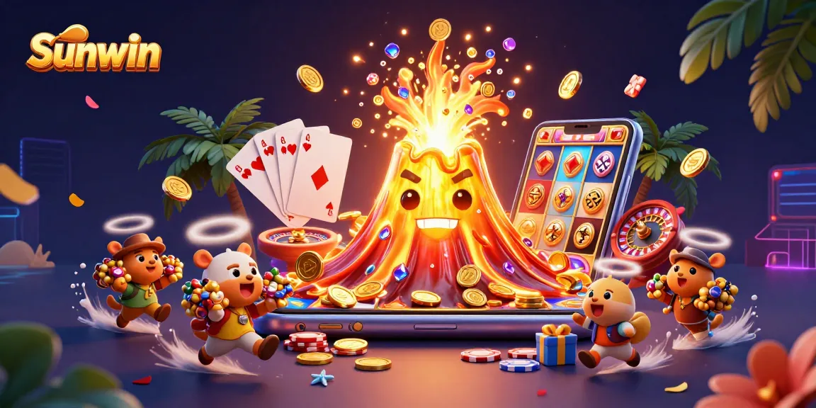 Players experience the excitement of Sunwin as a golden volcano erupts treasures in a lively casino scene.