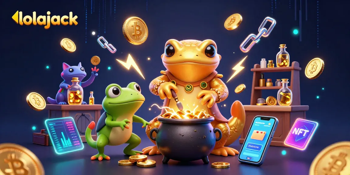 Spin the reels at lolajack Casino with a vibrant 3D alchemy scene featuring gold and crypto elements.