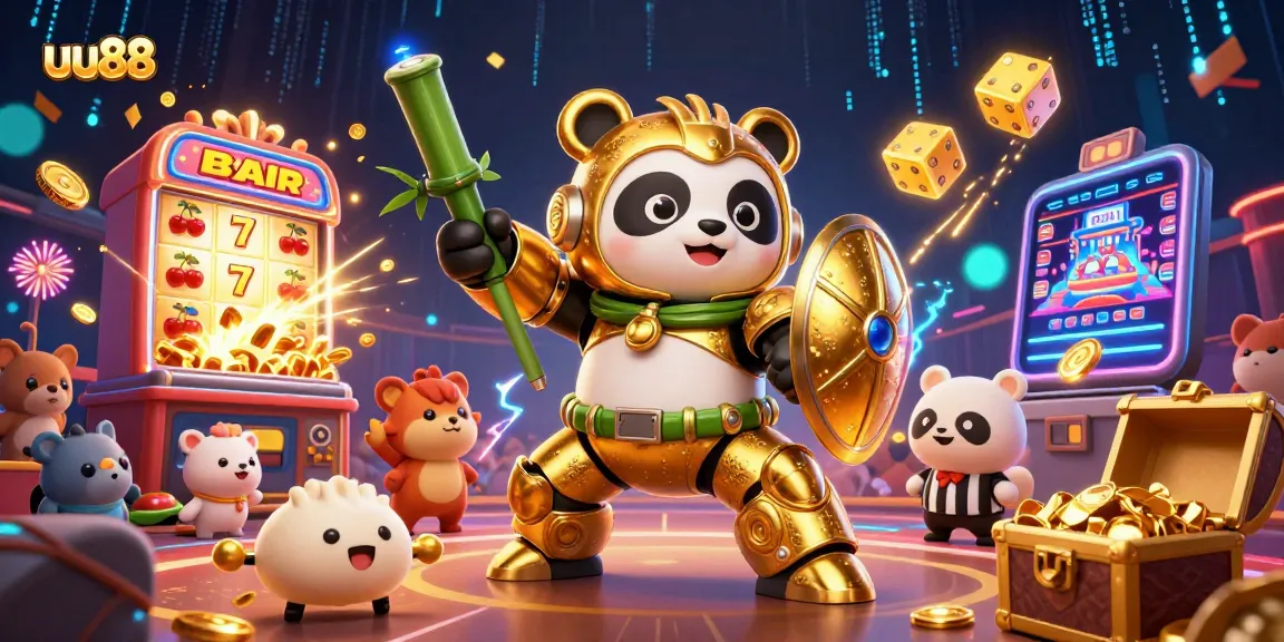 Play thrilling games at uu88 in an ultra-detailed 3D casino illustrated scene with panda and robot.