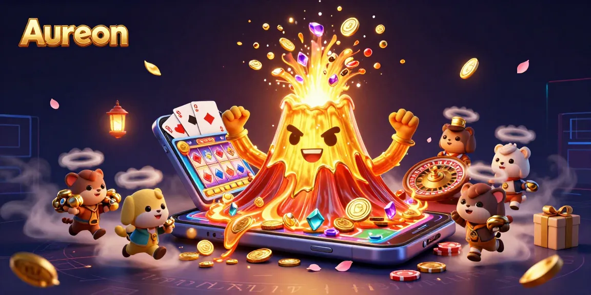 Aureon casino illustration featuring a vibrant golden volcano and excited animals amidst slot games and treasure.