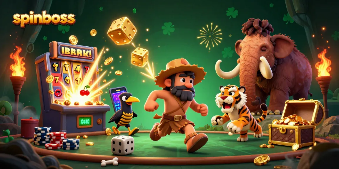 Spinboss delivers thrilling experiences with a cartoonish caveman and sabertooth duo in a vibrant casino.