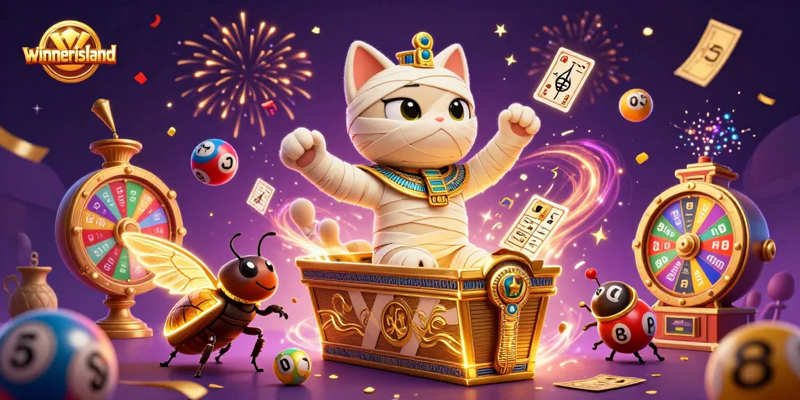 Experience the excitement of winnerisland as the mummy cat bursts from a sarcophagus in a lively casino scene.