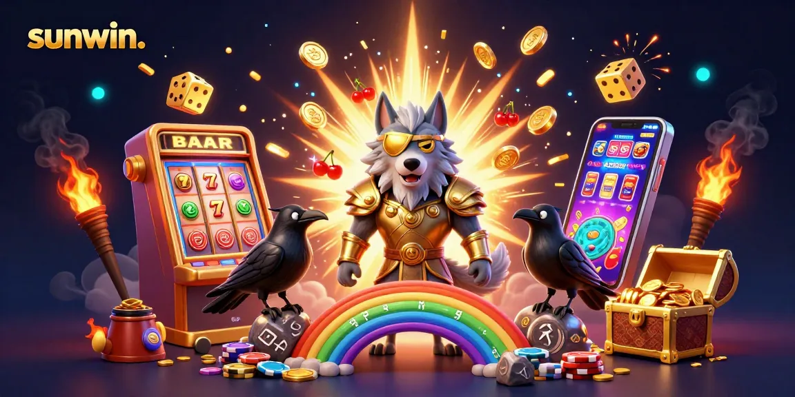 Experience thrilling gameplay at sunwin. with a vibrant 3D illustration featuring casino elements bursting with energy.