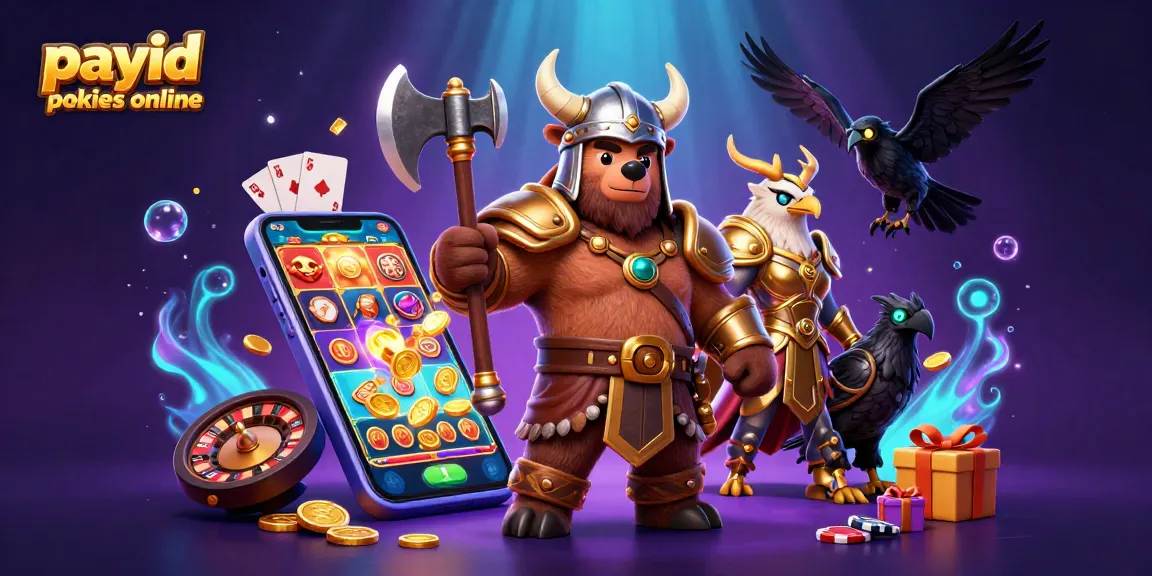 Play exciting payid pokies online with a Viking berserker and Valkyrie eagle amidst dynamic casino elements.
